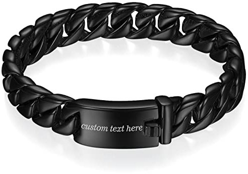 Cupimatch Armband Schwarz Panzerkette Herren Edelstahl Weizenkette Armkette Personalisiertes Armband mit Gravur für Männer
