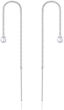 Stäbchen Durchzieher Ohrringe Gold 18k Vergoldetes Silber 925 Hängend Lang Quasten Einfädler Mit Perlen Anhänger Stecker Ohrhänger Runde Perle Geschenke für Damen Mädchen
