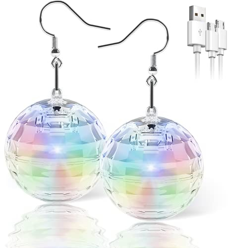 PUFIER LED Disco Ball Ohrringe 7 RGB Licht Projektion, Wiederaufladbar, Metallhaken, 1.7 Zoll, Mehrfarbig, Roségold, Disco Party, Unisex, Party, Bars