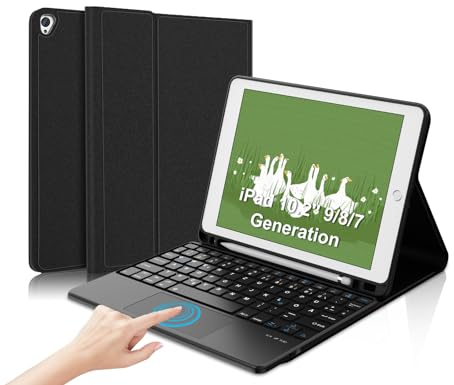IVEOPPE Hülle mit Tastatur für iPad 9 Generation Con Touchpad, Tastatur für ipad 10.2, Bluetooth Magnetisch Abnehmbarer QWERTZ Keyboard für iPad 10.2 Zoll 9/8/7 Generation, Air 3. Gen., Schwarz