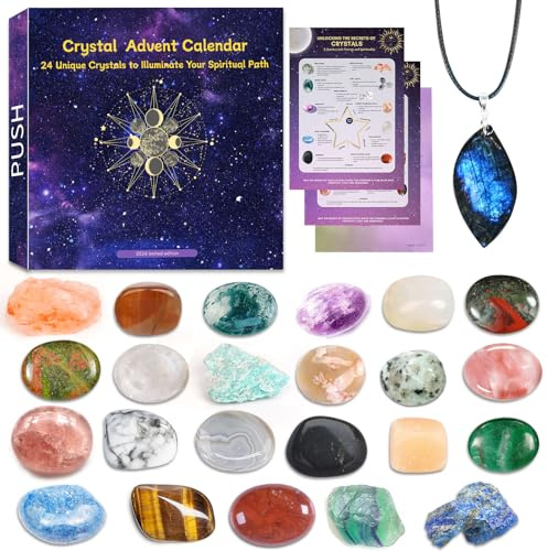 ANOTION 2025 Edelstein Adventskalender, 24 Tage Weihnachten Countdown Kristall Natürliche Chakra Heilung Steine Geschenke für Frauen, Mineralien Fossilien Kit für Erwachsene Kinder Jungen Mädchen