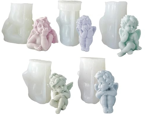 5 stycken 3D-änglar gjutform, ängel fondant former ljusform, silikon ängel fondant former ljusform, ängelform för ljus, gör-det-själv ängelform för ljus 3D