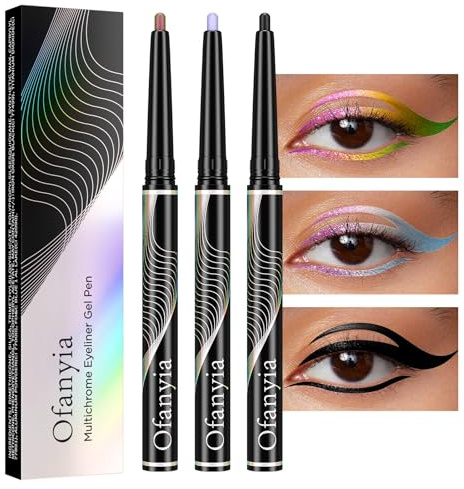 Ofanyia Multichrome Eyeliner Stift, 3 Pcs Metallic Glitter Eyeliner, Purle Pale Pink Matte Black Shifting Colors Gel EyeLiner Pen, Eyeliner Wasserfest, Smudge Proof Easy To Color Gel Eyeliner Stift