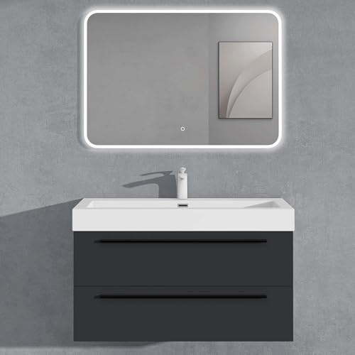 doporro Badmöbel-Set Waschbeckenunterschrank mit Waschbecken, Led-Spiegel | Badmöbel-Set mit Mineralguss-Waschbecken, LED-Spiegel & Soft-Close-Schubladen in Matt Anthrazit 100x48x60cm Quadratto