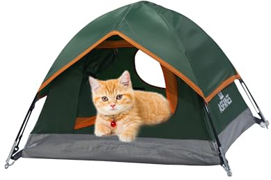 ASFANES Camping Cat Tent, Outdoor Waterproof Cat Or Small Dog House 21.6x21.6x14.9'', Army Green, S.(The Pole has Been Improved).