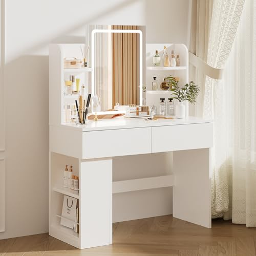 Airfish Toeletta da Trucco con Luci LED,Luminosità Regolabile,Postazione Trucco,Tavolo da Trucco con Specchio,2 Cassetti,Ripiani Aperti,Moderno,Bianco