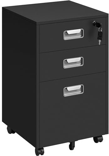 Yaheetech Rollcontainer Aktenschrank mit 3 Schubladen und Hängeregistratur Mobiler Büroschrank für Arbeitszimmer, Wohnzimmer, Büro Schwarz