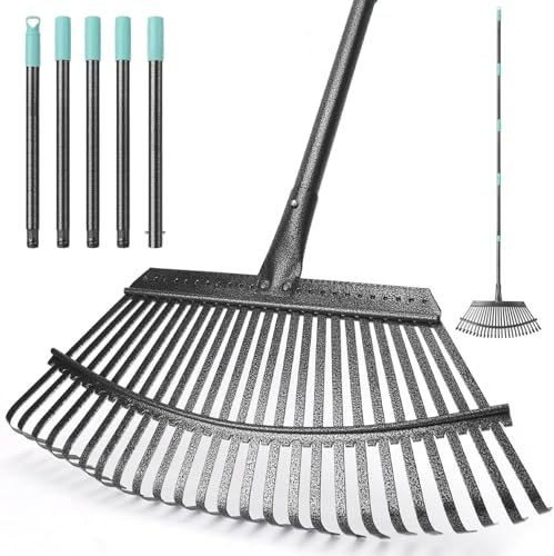Garden Leaf Rake,with 25 Metal Tines,47 cm Wide Heavy Duty Leaf Rake, Leaves Rakes with 186 CM Adjustable Handle for Yard Lawn Shrub Garden Leaves