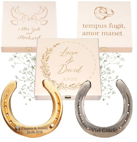 Hochzeitsgeschenk | Hufeisen mit Geschenkbox inkl. Personalisierung | Glückshufeisen mit Gravur | Personalisiertes Geschenk zur Hochzeit | Glücksbringer Brautpaar | Geschenk Namen