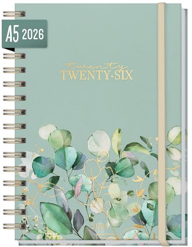 Häfft® Calendario internacional 2026 A5 «Minty Leaves» con encuadernación en espiral en: EN/FR/IT/ES - organizador - sostenible y climáticamente neutro