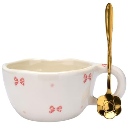 Keramik Teetasse, Geschenke für Frauen, Kawaii Kaffeetasse Handgemachte Kreative Blume becher mit Löffel, Ästhetische Tassen für Milch 250ml Cappuccinotassen Weihnachten Geschenk (Binde)