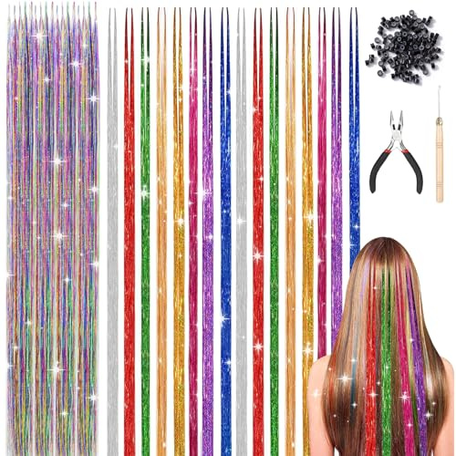 52 Stück Haar Lametta Stränge Kit 48 Inch Glitzer Haarsträhnen zum Flechten | Haar Lametta, Sparkle Tinsel Hair Extensions, Bunte Haarsträhnen Haar Extensions mit 100 Perlen Ponytail Braids Clip