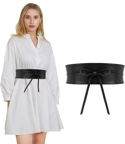 Yesimola Damen Breiter Obi Gürtel, Damen Gürtel Breiter Obi Taillengürtel,Bowknot Bindegürtel zum Schnüren,Kunstleder Cinch Binden,Hüftgürtel für Kleider & Party-Schwarz