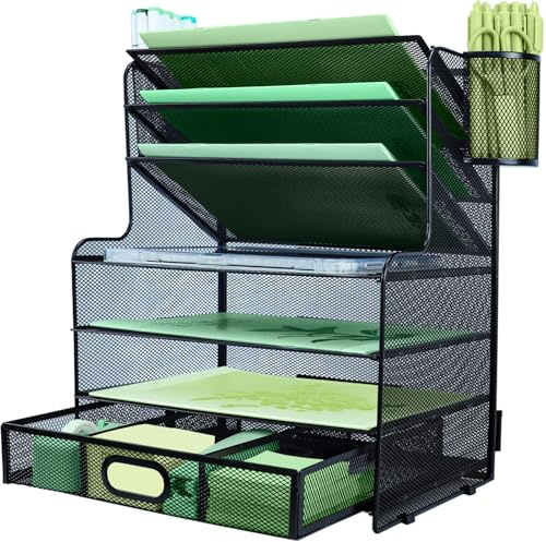 IOUGDSEC Schreibtisch-Organizer mit 7 Ebenen, Briefablage, Papier-Organizer mit Stifthalter und Metall-Hängekorb, Schwarz