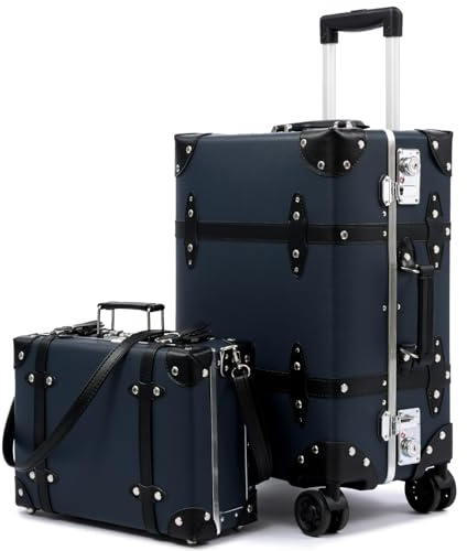 Urecity 3-teiliges Retro-Gepäckset – Vintage Lederkoffer für Damen, stilvolles & geräumiges Reisekoffer-Set mit robustem Aluminiumrahmen (Vintage, Blau mit Schwarz, S(12)+L(26))