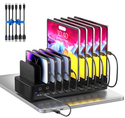 580W Charging Station for Multiple Devices, 10-Port USB C Fast Charger Station, Dual PD 100W Charging Dock with Adjustable Dividers & 6 Cables-Device Organizer for Laptop MacBook, iPhone, iPad