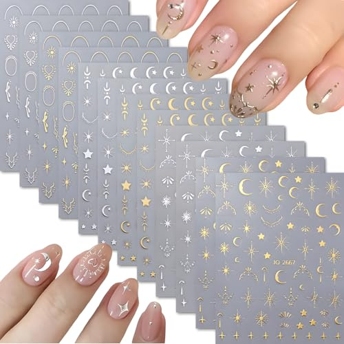 12 Blätter Silber Gold Mondstern Nagelkunst Sticker Nagelaufkleber, 3D Selbstklebende Decals für Design und Decoration Zubehör für Frauen