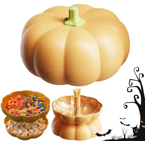 HItianya Pumpkin Snack Tray, Perfect Pumpkin Snack Bowl, Pumpki Snacks Holder Double Layer with 3 Divided Compartments and Toothpick Storage, for Halloween Movie Nights (Orange, M)