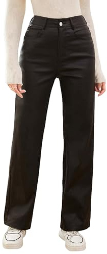 MakeMeChic Women's High Waist Pockets Straight Leg Jeans Leather Look Pants Black New Medium