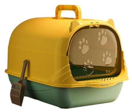Lettiera per gatti con cappuccio con porta chiusa per gatti, vasino rimovibile facile da pulire, grande, 50 x 36 x 34 cm, blu giallo