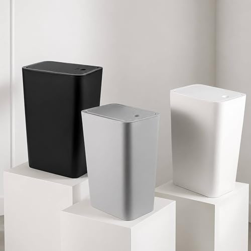 SUNNYNEST 3 Pack 10L Slim Trash Can with Lid, Plastic Bathroom Bedroom Bin, Push Button Narrow Garbage Can, Dog Proof Waste Bin for Toilet, Kitchen, Office, Living Room (Black/White/Grey)