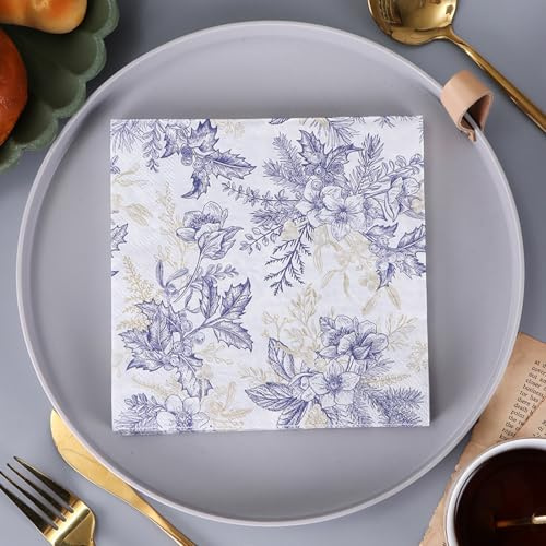 Serviettes en Papier Fleurs Violettes Serviettes de cocktail Décorations de fête,Absorbantes et pratiques - jetables pour mariage,anniversaire,apéritif,Noël,dessert30 Paquet(33x33cm)