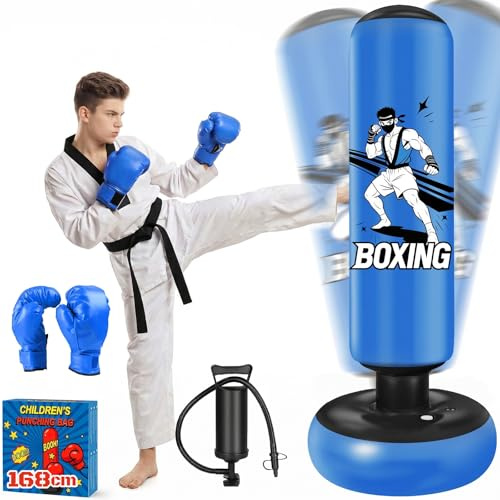 Oziral Boxsack Kinder 168cm aufblasbarer Standboxsack mit Boxhandschuhen & Pumpe – blau mit Fighter Motiv – Ideal für Karate, Taekwondo, Heimtraining – Standboxsack für Jugendliche Dunkelblau