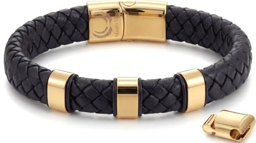 Mauro Vinci herrarmband, guldfärgat – svart – guldfärgat med magnetlås – justerbart från 19,5 cm till 21 cm panorarmband – läderarmband med presentförpackning