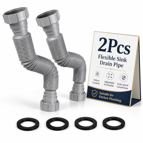 UKCOCO 2 Pcs Flexible Sink Drain Pipe Connector Double Head Telescopic Sink Waste Pipe with Gaskets Adjustable Under Drain Fitting for Kitchen Plumbing Odour Control and Overflow Prevention