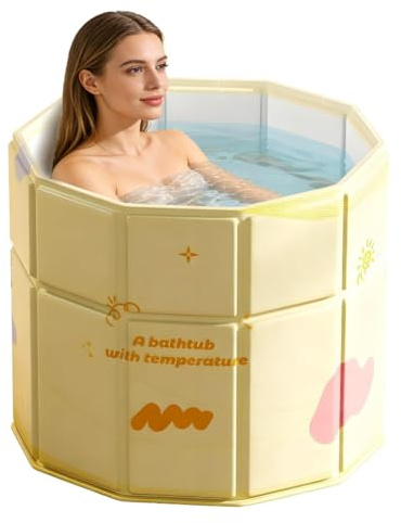 Vasca da bagno pieghevole gialla 70 cm, vasca da bagno portatile per adulti, pieghevole verso l'interno, compatibile con la doccia, vasca da bagno indipendente per bagno caldo e di ghiaccio