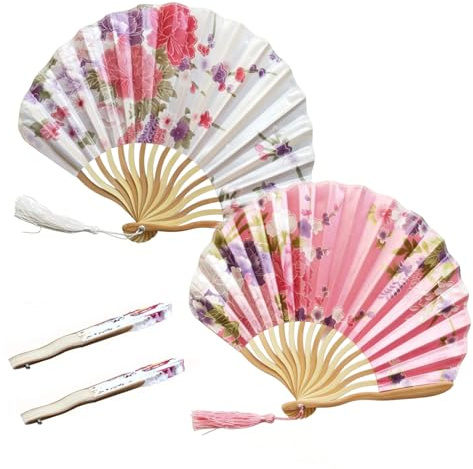 Wvbzf 2PCS Paper Fans Handheld, Chinese Fan, Chinese Style Hand Fan Folding, Hand Fan Foldable for Wedding Ceremonies Stage Performances Home Decoration and Cultural Events (White Pink)