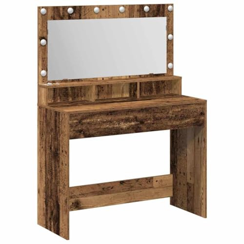 Drillkyn Tavolo da toeletta con ripiano, in legno anticato, 100 x 41 x 135 cm, moderno, con spazio e illuminazione a specchio, per camera da letto, salvaspazio, stabile e durevole