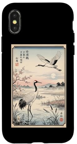 Grue mandchourie Rouge Soleil Traditionnel Japonais Art sur Bois Coque pour iPhone X/XS