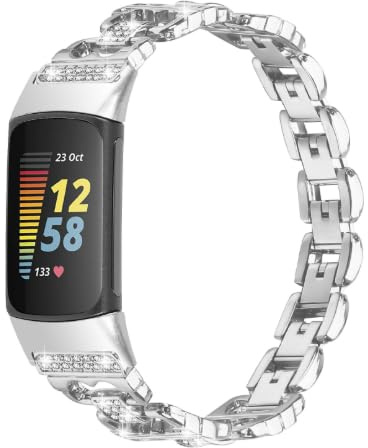 Funabridge Band kompatibla med Charge 6 för kvinnor, rostfritt stål länkarmband med glittrande strass, rektangulär kedjedesign, justerbar ersättning för fitnessmätare, silverfinish