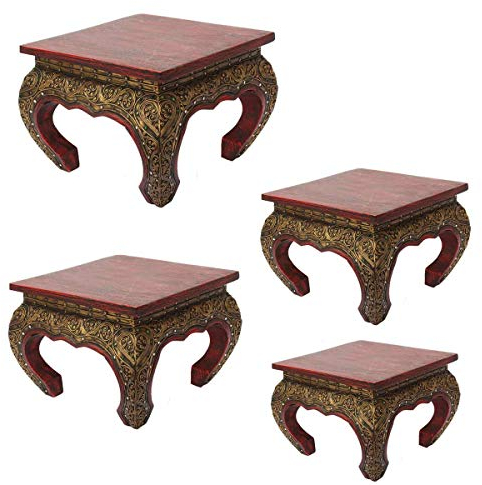 Oriental Galerie Opiumtisch Blumenhocker Beistelltisch Nachtisch Opiumhocker 40 x 40 cm Eckig Akazien Holz Rot Gold Antik