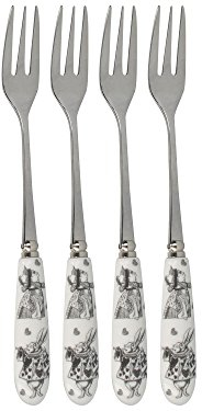 V andA Alice in Wonderland Stainless Steel Dessert/Pastry Forks with Decorative Porcelain Handles, 15.5 cm - White