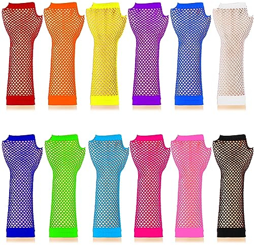 TecUnite 12 Pairs Fingerless Neon Fishnet Gloves for Women and Girls 80s Fishnet Gloves Long Net Mesh Fingerless Gloves Assorted Neon Colors 80s Party Costume Accessories Supplies, Multi, One Size