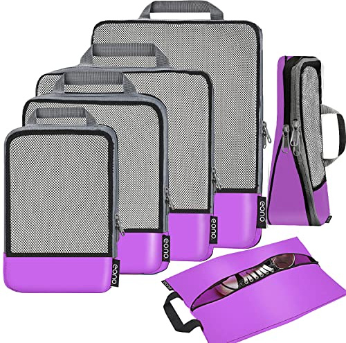 Eono by Amazon - Komprimierbaren Packwürfeln zur Organisation Ihres Reisegepäcks, Compression Packing Cube, Packtaschen Set & Gepäck Organizer für Rucksack & Koffer, Lila, 6-teilig