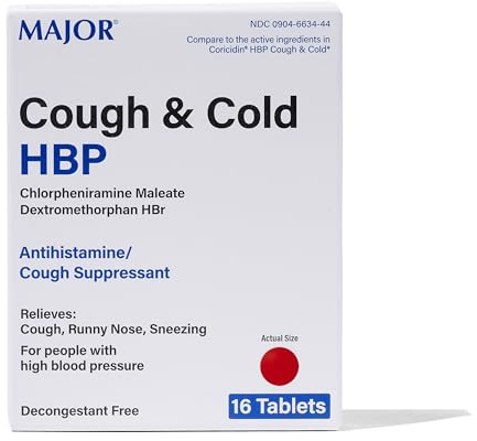Major Cough and Cold HBP Tablets - Antihistamine and Cough Suppressant for People with High Blood Pressure - Dextromethorphan HBr, Chlorpheniramine Maleate - 16 Count (1 Pack)