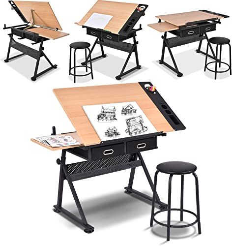 RELAX4LIFE Table à Dessin Inclinable 0-60° avec Tabouret, Bureau à Dessin avec Hauteur Réglable 73.5-98cm, 2 Grands Tiroirs pour Peinture, Art, Ecriture