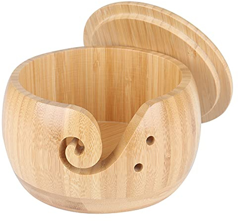 Coopay Tazón de hilo de bambú, cuenco para tejer, cuenco de lana de madera con tapa, soporte de hilo para tejer ganchillo, cuenco de lana para madejas de algodón circulares más pequeñas