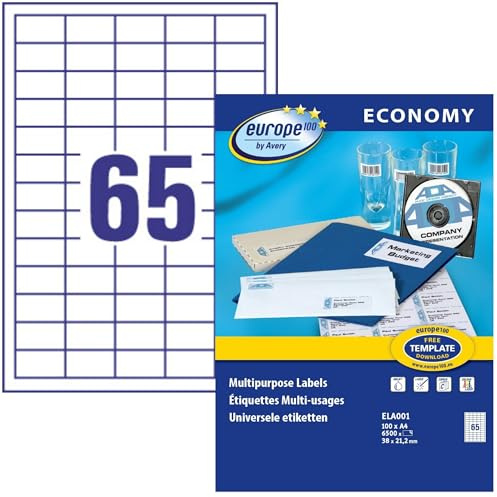 Europe 100 Étiquettes Multi-Usages Autocollantes Blanches 38 x 21,2 mm - 6500 Pièces - Impression Laser, Jet d'Encre et Copieur