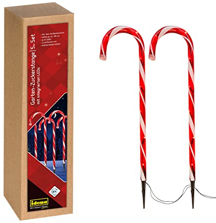 Idena 31348 - Bastoncini di zucchero a LED con 40 LED in rosso e bianco, 5 bastoncini luminosi da giardino con funzione timer, funzionamento a batteria, con picchetto, altezza circa 38 cm, decorazione