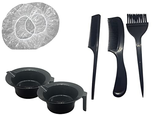 7 PC HAIR DYE COLORING KIT/ HAIR COLORING KIT HAIR DYE KIT DIY SALON TOOL- KIT DE TINTE PARA EL CABELLO- 2 HAIR DYE BOWLS, 1 HAIR DYE APPLICATOR BRUSH, 1 BONE TAIL COMB, 1 HANDLE COMB, Black