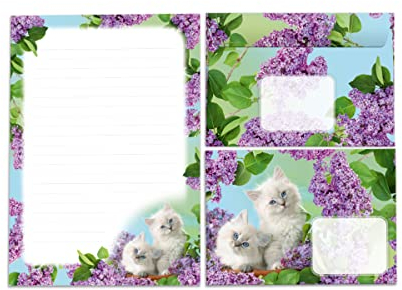 Briefpapier-Set für Mädchen Katzen Briefblock mit Umschlag für Kinder (Block A5 mit 25 Blätter + 15 Umschläge)