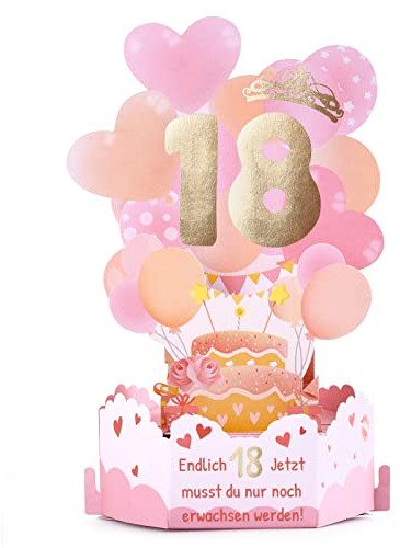 Rhdekoein 18. Geburtstagskarte Mädchen 3D Karte Geburtstag Geschenk Pop Up Grußkarte 18 Geburtstag Pop Up Karte Happy Birthday Glückwunschkarte mit Umschlag für Mädchen, Frau, Freudin