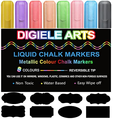 Rotuladores Metálicos, DIGIELE 8pcs Tiza Liquida de Colores, Borrado en Seco o Húmedo, Punta Reversibles 6mm para Cristal, Ventana, Pizarra o Manú, Tinta No Tóxica Marcador + 32pcs Etiquetas Reusables