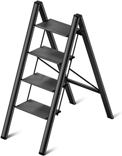 Teenza Escalera 4 Peldaños, Ligera Escalera Plegable de Hierro, Ancho de Peldaño 30x20cm, Capacidad de Carga 150kg, para Cocina, Salón, Baño, Caravana, etc.