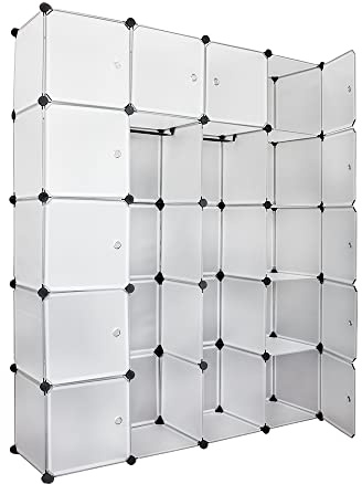 Ansobea Tragbar Kleiderschrank mit Türen, 20 Fächer, Weiß, 180×142×37cm | Steckbares Kunststoff-Würfelregal mit Türen für Kleidung, Schuhe, Spielzeug und Bücher