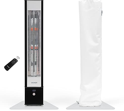 VASNER HeatTower schwarz + AirCape weiß – Infrarot Standheizstrahler 2500 Watt mit Abdeckhaube, Heizstrahler Terrasse, 4 Heizstufen, Fernbedienung, Terrassenstrahler elektrisch, IP65 Outdoor Schutz